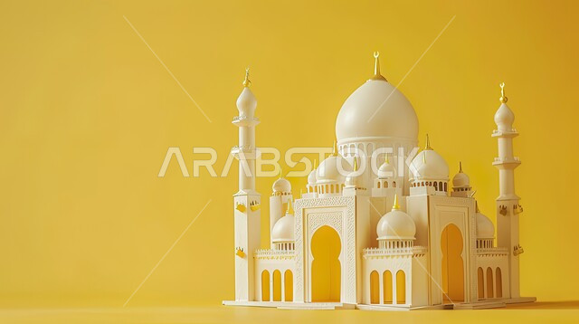 تصاميم اسلامية دينية، مجسم ثلاثي الابعاد لمسجد على الطراز الاسلامي، زينة وديكورات الاعياد والمناسبات الدينية، العبادة والتقرب الى الله في شهر رمضان المبارك، أجواء رمضانية روحانية، خلفية صفراء