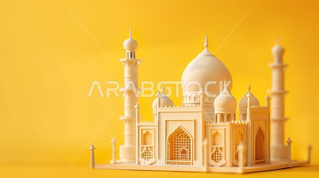 مجسم ثلاثي الابعاد لمسجد على الطراز الاسلامي، تصاميم اسلامية دينية، زينة وديكورات الاعياد والمناسبات الدينية، العبادة والتقرب الى الله في شهر رمضان المبارك، أجواء رمضانية روحانية، خلفية صفراء