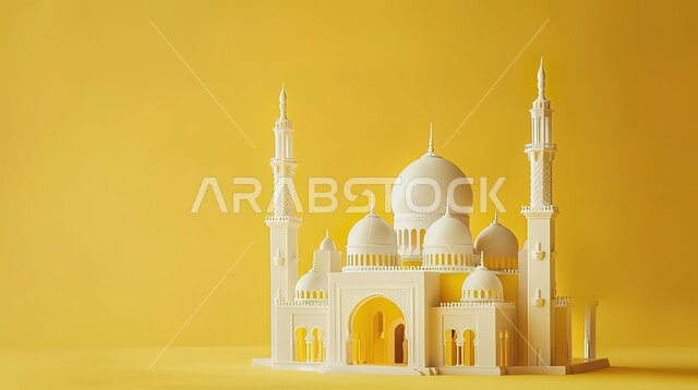 العبادة والتقرب الى الله في شهر رمضان المبارك، مجسم ثلاثي الابعاد لمسجد على الطراز الاسلامي، تصاميم اسلامية دينية، زينة وديكورات الاعياد والمناسبات الدينية، أجواء رمضانية روحانية، خلفية صفراء