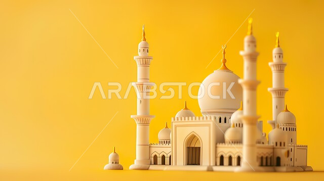 تصاميم اسلامية دينية، مجسم ثلاثي الابعاد لمسجد على الطراز الاسلامي، زينة وديكورات الاعياد والمناسبات الدينية، العبادة والتقرب الى الله في شهر رمضان المبارك، أجواء رمضانية روحانية، خلفية صفراء
