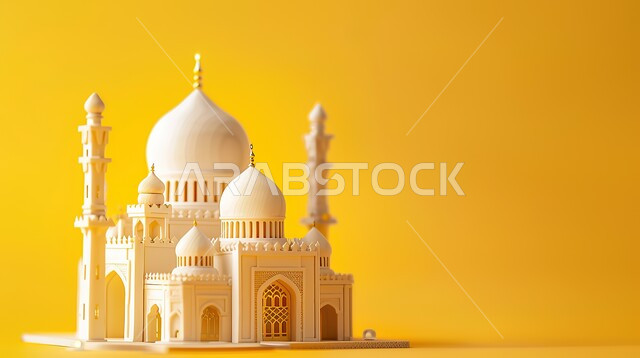 مجسم ثلاثي الابعاد لمسجد على الطراز الاسلامي، تصاميم اسلامية دينية، زينة وديكورات الاعياد والمناسبات الدينية، العبادة والتقرب الى الله في شهر رمضان المبارك، أجواء رمضانية روحانية، خلفية صفراء