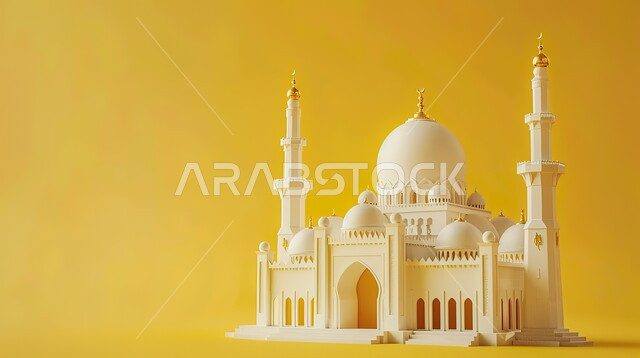 Worship and getting closer to God in the holy month of Ramadan, a three-dimensional model of an Islamic-style mosque, Islamic religious designs, decorations for holidays and religious occasions, a spiritual Ramadan atmosphere, a yellow background