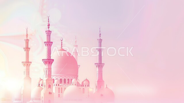 أجواء رمضانية روحانية،  تصاميم اسلامية دينية، مجسم ثلاثي الابعاد لمسجد على الطراز الاسلامي، زينة وديكورات الاعياد والمناسبات الدينية، العبادة والتقرب الى الله في شهر رمضان المبارك، خلفية ملونة