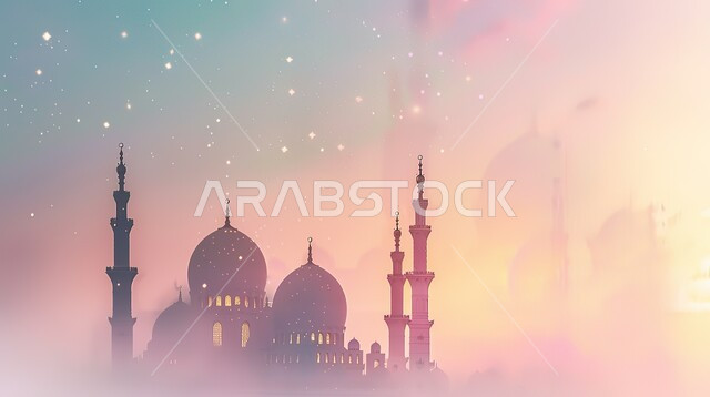 أجواء رمضانية روحانية،  تصاميم اسلامية دينية، مجسم ثلاثي الابعاد لمسجد على الطراز الاسلامي، زينة وديكورات الاعياد والمناسبات الدينية، العبادة والتقرب الى الله في شهر رمضان المبارك، خلفية ملونة
