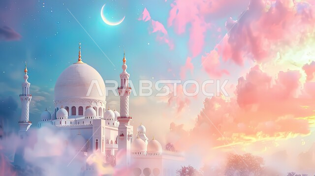 أجواء رمضانية روحانية،  تصاميم اسلامية دينية، مجسم ثلاثي الابعاد لمسجد على الطراز الاسلامي، زينة وديكورات الاعياد والمناسبات الدينية، العبادة والتقرب الى الله في شهر رمضان المبارك، خلفية ملونة