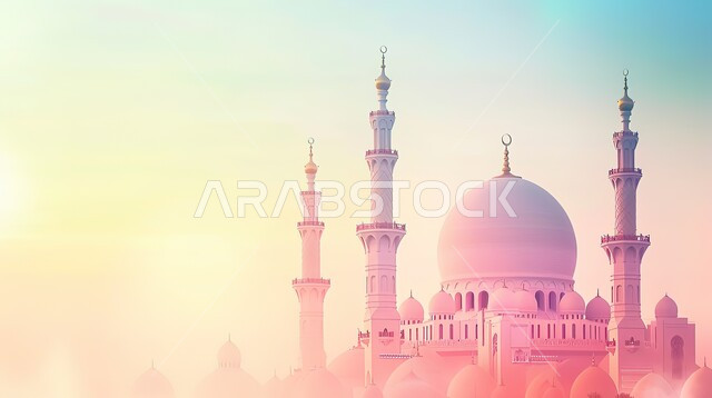 أجواء رمضانية روحانية،  تصاميم اسلامية دينية، مجسم ثلاثي الابعاد لمسجد على الطراز الاسلامي، زينة وديكورات الاعياد والمناسبات الدينية، العبادة والتقرب الى الله في شهر رمضان المبارك، خلفية ملونة