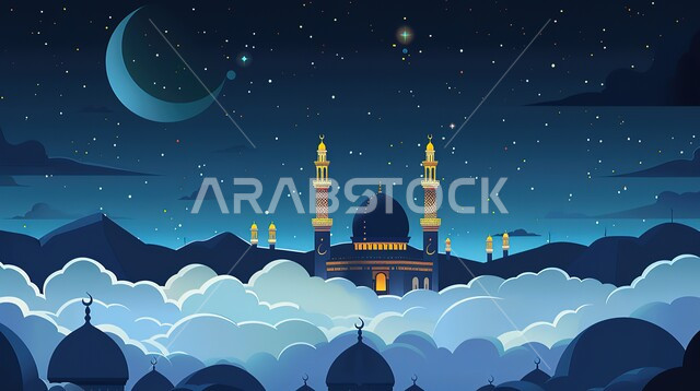 المآذن والقبب المزخرفه للمساجد الإسلامية، رسومات توضيحية ثلاثية الابعاد لمسجد بين الغيوم في وقت الليل، منظر السماء المليئة بالنجوم، الديكورات والتصاميم الهندسية المميزة، العبادة والتقرب إلى الله تعالى