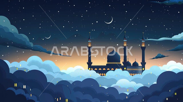 رسومات توضيحية ثلاثية الابعاد لمسجد بين الغيوم في وقت الليل، منظر السماء المليئة بالنجوم، الديكورات والتصاميم الهندسية المميزة، المآذن والقبب المزخرفه للمساجد الإسلامية، العبادة والتقرب إلى الله تعالى