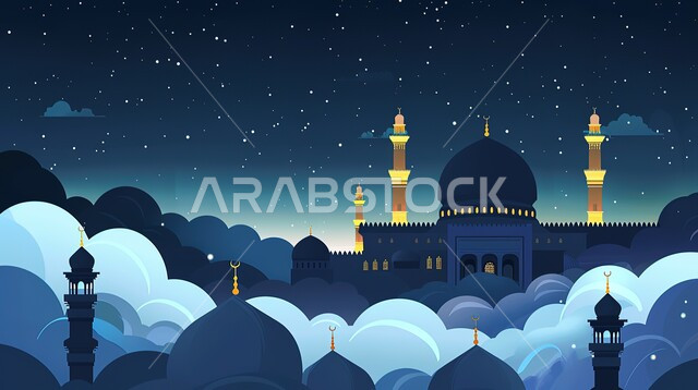 منظر السماء المليئة بالنجوم، الديكورات والتصاميم الهندسية المميزة، رسومات توضيحية ثلاثية الابعاد لمسجد بين الغيوم في وقت الليل، المآذن والقبب المزخرفه للمساجد الإسلامية، العبادة والتقرب إلى الله تعالى