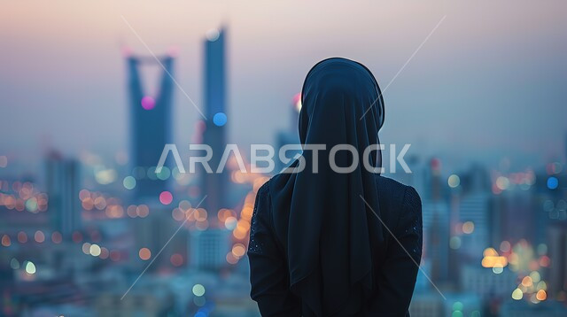 النظر إلى معالم البلد باعتزاز وفخر بالتقدم المعماري، النمو و التطور العمراني في السعودية، صورة من الخلف لسيدة عربية خليجية سعودية ترتدي العباءة والحجاب, النظر إلى الأبراج وناطحات السحاب