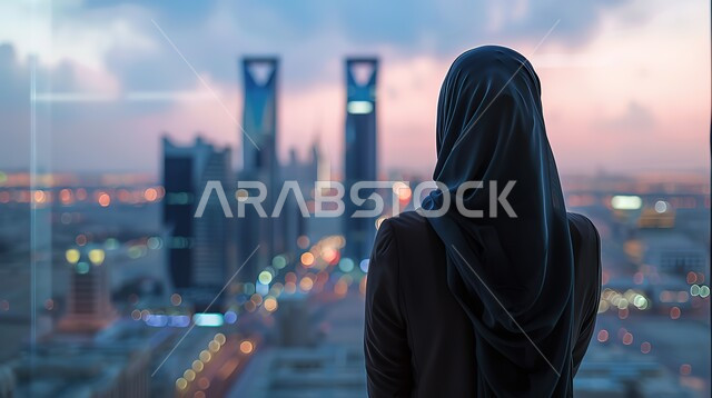 الاعتزاز والفخر بالتقدم المعماري في السعودية، النمو و التطور العمراني في المملكة، صورة من الخلف لسيدة عربية خليجية سعودية ترتدي العباءة والحجاب, النظر إلى معالم البلد وناطحات السحاب الشاهقة