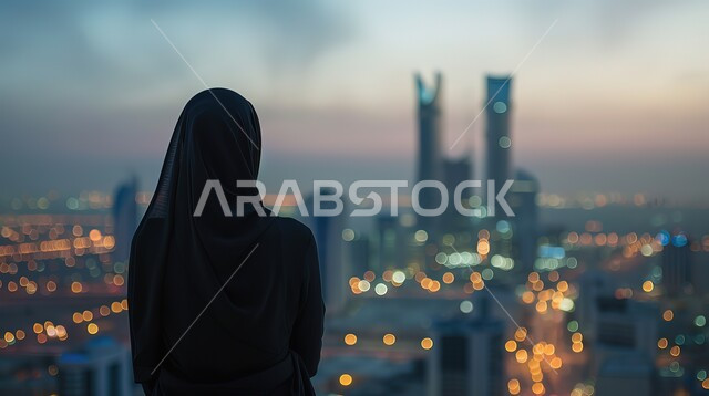 Growth and urban development in the Kingdom, pride in architectural progress in Saudi Arabia, a picture from the back of a Saudi Gulf Arab woman wearing the abaya and hijab, looking at the country’s landmarks and skyscrapers.