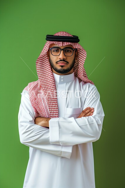 مفهوم الرجولة والاهتمام بالمظهر الخارجي، الثقة بالنفس والجدية، الوقوف باستقامة وثبات، بورتريه لرجل عربي خليجي سعودي يرتدي الشماغ والزي التقليدي والنظارات الطبية ينظر الى الكاميرا بتعابير السرور، الصور الشخصية للوثائق الرسمية، خلفية خضراء