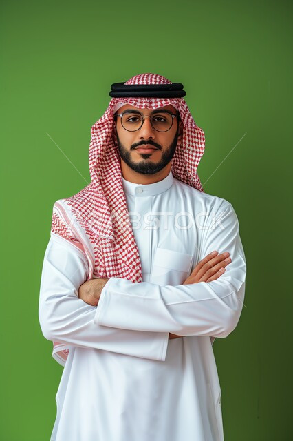 مفهوم الرجولة والاهتمام بالمظهر الخارجي، الثقة بالنفس والجدية، الوقوف باستقامة وثبات، بورتريه لرجل عربي خليجي سعودي يرتدي الشماغ والزي التقليدي والنظارات الطبية ينظر الى الكاميرا بتعابير السرور، الصور الشخصية للوثائق الرسمية، خلفية خضراء