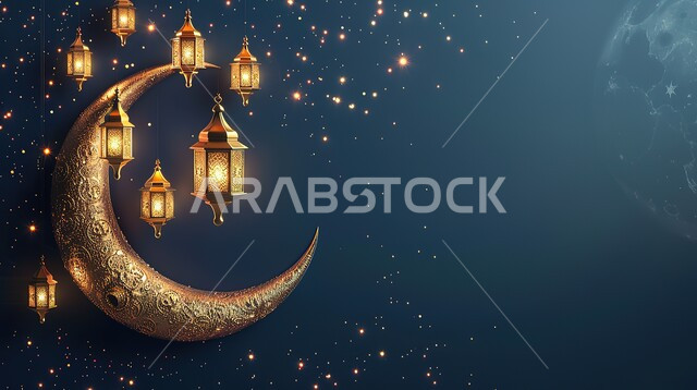 فوانيس معدنية مزخرفة عربية، هلال شهر رمضان المبارك، استعداد المسلمين لاستقبال رمضان المبارك, زينة وإضاءة المصابيح, البهجة بقدوم شهر الخير، الأعياد الدينية والمناسبات السعيدة، خلفية سوداء 