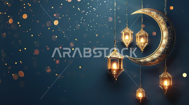فوانيس معدنية مزخرفة عربية، هلال شهر رمضان المبارك، استعداد المسلمين لاستقبال رمضان المبارك, زينة وإضاءة المصابيح, البهجة بقدوم شهر الخير، الأعياد الدينية والمناسبات السعيدة، خلفية سوداء 