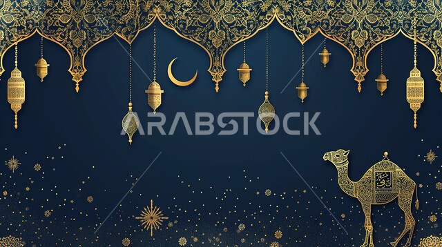 مجسم لحيوان الجمل باللون الذهبي، الأعياد الدينية والمناسبات السعيدة، فوانيس معدنية مزخرفة عربية، هلال شهر رمضان المبارك، استعداد المسلمين لاستقبال رمضان المبارك, زينة وإضاءة المصابيح, البهجة بقدوم شهر الخير، خلفية سوداء