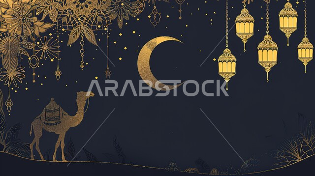A model of a camel in golden color, religious holidays and happy occasions, Arabic decorative metal lanterns, the crescent of the holy month of Ramadan, Muslims’ preparation to welcome the holy month of Ramadan, decorations and lighting of lamps, joy at the arrival of the good month, black background