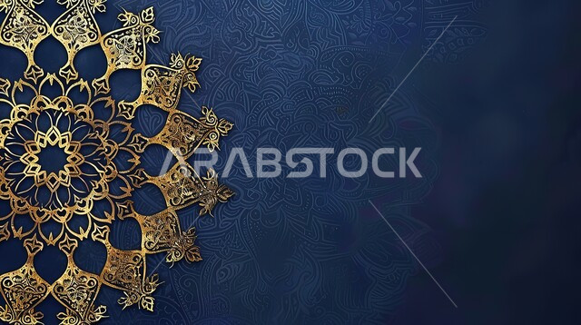 Ornate Islamic design template, golden religious decor designs, blank greeting cards, Arabic Islamic motifs and decorations, modern geometric art, black background