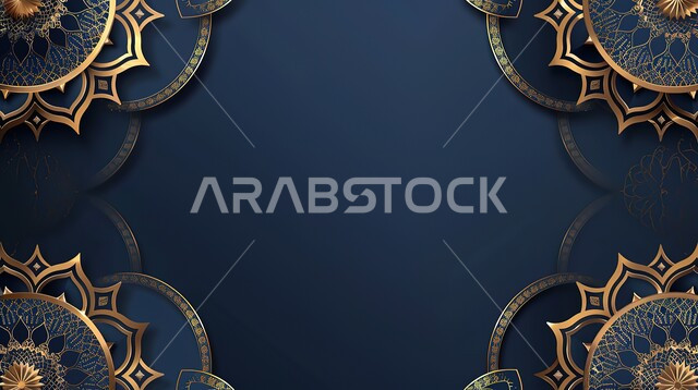 Blank greeting cards, Arabic Islamic motifs and decorations, modern geometric art, golden religious decor designs, ornate Islamic design template, black background