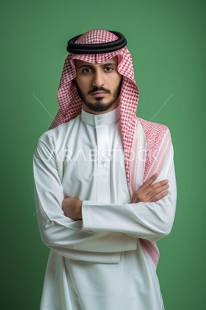 الوقوف باستقامة وثبات، مفهوم الرجولة والاهتمام بالمظهر الخارجي، بورتريه لرجل عربي خليجي سعودي يرتدي الشماغ والزي التقليدي ينظر الى الكاميرا بإيماءات الجدية والثقة بالنفس، الصور الشخصية للوثائق الرسمية، خلفية خضراء