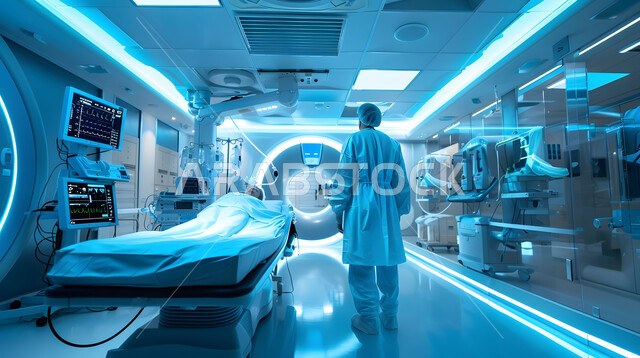 استخدام تكنولوجيا الذكاء الصناعي في العلاج والطب الحديث، حجره مجهزه بالأدوات والأجهزة الطبيه الحديثه، صورة من الخلف لطبيب يتجول في غرفة العمليات الجراحيه المجهزة بشاشات هولوجرامية، تصميم ثلاثي الابعاد لغرفه طبيه حديثه لفحص وتشخيص المرضى في المستشفى