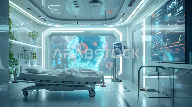 An electric medical electronic bed for the patient, surgical operating rooms equipped with hologram screens, a three-dimensional design of a modern medical room for examining and diagnosing patients in the hospital, a room equipped with modern medical tools and devices, the use of artificial intelligence technology in treatment and modern medicine.