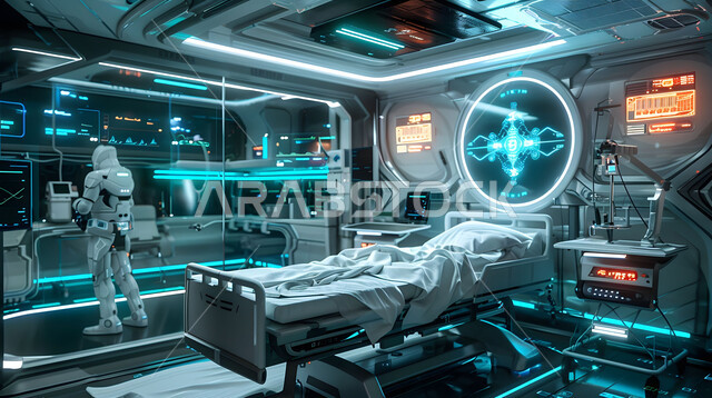 The concept of digital transformation, the use of artificial intelligence technology in treatment and modern medicine, a room equipped with modern medical tools and devices, a picture from the back of a robot in a surgical operating room equipped with holographic screens, a three-dimensional design of a modern medical room for examining and diagnosing patients.