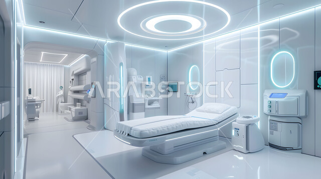غرف العمليات الجراحيه المجهزة بشاشات هولوجرامية، تصميم ثلاثي الابعاد لغرفه طبيه حديثه لفحص وتشخيص المرضى في المستشفى، سرير إلكتروني طبي كهربائي للمريض، حجره مجهزه بالأدوات والأجهزة الطبيه الحديثه، استخدام تكنولوجيا الذكاء الصناعي في العلاج والطب الحديث