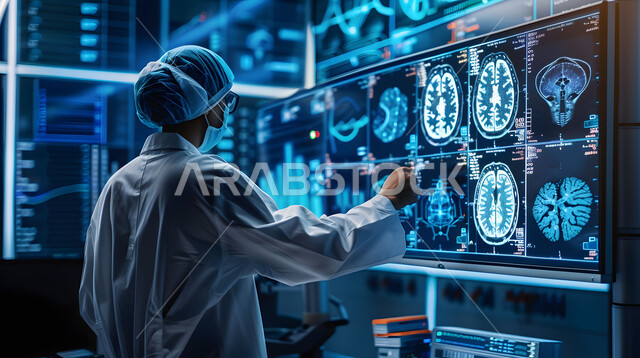 التطور والتقدم في المجال الطبي، استخدام التقنية والتكنولوجيا في البحث الصحي, صورة مقربة من الجانب لطبيبة عربية خليجية سعودية ترتدي المعطف والسماعة الطبية تقف في غرفة مجهزة بالأدوات والشاشات الرقمية للتشخيص والعلاج الطبي، شاشة هولوجرامية تعرض صورة مقطعية للدماغ