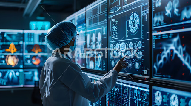 استخدام التقنية والتكنولوجيا في البحث الصحي, التطور والتقدم في المجال الطبي، صورة مقربة من الجانب لطبيبة عربية خليجية سعودية ترتدي المعطف والسماعة الطبية تقف في غرفة مجهزة بالأدوات والشاشات الرقمية للتشخيص والعلاج الطبي، شاشة هولوجرامية تعرض صورة مقطعية للدماغ