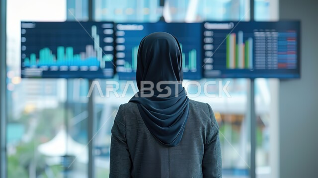 Background for the financial graph, electronic screens to display graphs of sales and purchase movements, a photograph from behind of a veiled Saudi Gulf Arab businesswoman standing in front of the main metrics board, the field of finance and business and stock movement, economic development and growth in Saudi society
