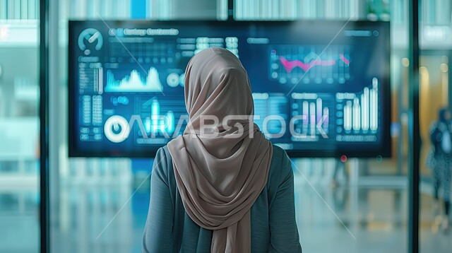 مجال المال والأعمال وحركة الأسهم, التطور  والنمو الاقتصادي في المجتمع السعودي, خلفية بالرسم البياني المالي لسيدة أعمال عربية خليجية سعودية محجبة تقف أمام لوحة المقاييس الرئيسية, شاشات الكترونية لعرض الرسوم البيانية لحركة المبيعات والشراء