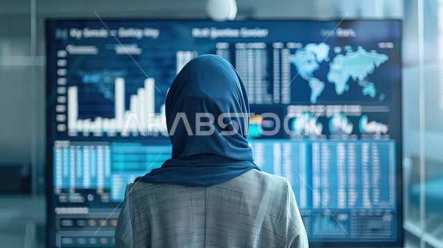 التطور  والنمو الاقتصادي في المجتمع السعودي, خلفية بالرسم البياني المالي لسيدة أعمال عربية خليجية سعودية محجبة تقف أمام لوحة المقاييس الرئيسية, شاشات الكترونية لعرض الرسوم البيانية لحركة المبيعات والشراء, مجال المال والأعمال وحركة الأسهم