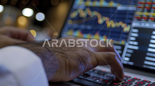الاستثمار المالي والاقتصادي، العمل في التجارة الالكترونية, صورة مقربة ليد رجل عربي خليجي سعودي  في مكان عمله في الشركة، متابعة البورصة من خلال استخدام جهاز الكمبيوتر المحمول الخاص به، الرسوم البيانية، صعود وهبوط البورصة المالية، مجال المال والأعمال