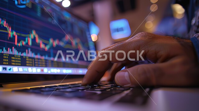 مجال المال والأعمال, العمل في التجارة الالكترونية, صورة مقربة ليد رجل عربي خليجي سعودي  في مكان عمله في الشركة، متابعة البورصة من خلال استخدام جهاز الكمبيوتر المحمول الخاص به، الرسوم البيانية، صعود وهبوط البورصة المالية، الاستثمار المالي والاقتصادي