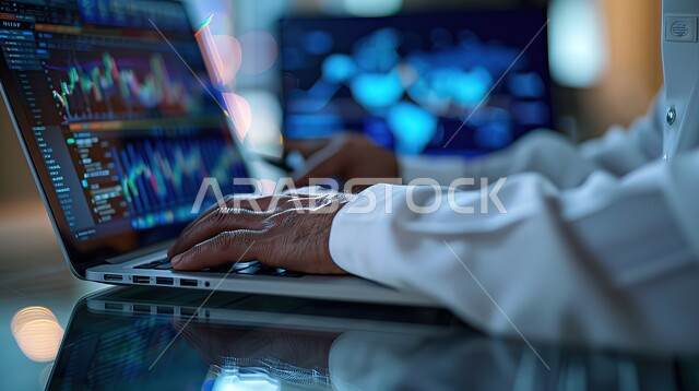 العمل في التجارة الالكترونية, صورة مقربة ليد رجل عربي خليجي سعودي  في مكان عمله في الشركة، متابعة البورصة من خلال استخدام جهاز الكمبيوتر المحمول الخاص به، الرسوم البيانية، صعود وهبوط البورصة المالية، الاستثمار المالي والاقتصادي، مجال المال والأعمال