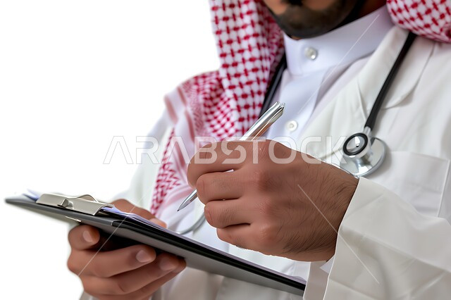 تدوين وتسجيل معلومات وملفات المرضى, مفهوم الرعاية الصحية في السعودية، بورتريه مقرب لطبيب عربي خليجي سعودي يرتدي الزي التقليدي والسماعة الطبية يقوم بالكتابة على ملف, تقديم الخدمات العلاجية في المراكز الطبية والمستشفيات، خلفية بيضاء