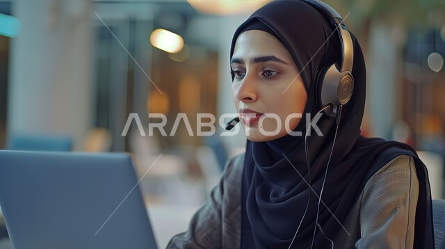 العمل في المكتب عن طريق الحاسوب المحمول, متابعة وتطوير العمل في الشركات السعودية, موظفة سعودية خليجية تعمل في خدمة العملاء و ترتدي سماعة للتواصل مع العملاء, الاستفسارات و الرد على الأسئلة, مكالمات فيديو خلال اجتماع العمل