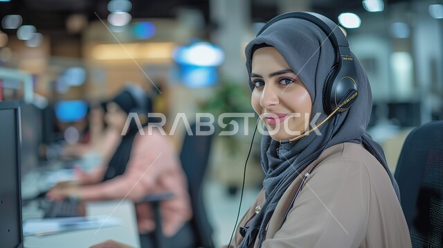عمل المرأة في مجال خدمة العملاء,  متابعة وتطوير العمل في الشركات السعودية, موظفة سعودية خليجية تعمل في خدمة العملاء داخل المكتب و ترتدي سماعة للتواصل مع العملاء, الاستفسارات و الرد على الأسئلة, مكالمات فيديو خلال اجتماع العمل