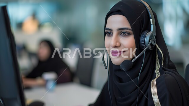 مكالمات فيديو خلال اجتماع العمل, متابعة وتطوير العمل في الشركات السعودية, موظفة سعودية خليجية تعمل في خدمة العملاء داخل المكتب و ترتدي سماعة للتواصل مع العملاء, الاستفسارات و الرد على الأسئلة