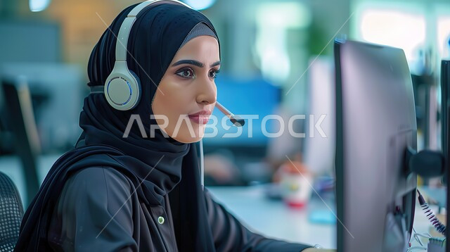 متابعة وتطوير العمل في الشركات السعودية, موظفة سعودية خليجية تعمل في خدمة العملاء داخل المكتب و ترتدي سماعة للتواصل مع العملاء, الاستفسارات و الرد على الأسئلة, مكالمات فيديو خلال اجتماع العمل