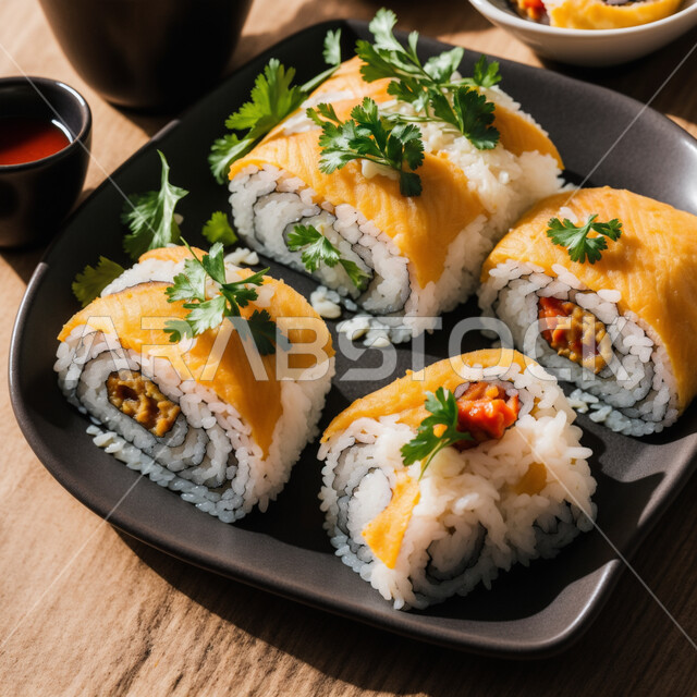 طبق مليء بلفائف وقطع السوشي المزينة بالبقدونس، مطابخ متخصصة في الأطباق البحرية، طرق متميزة لتقديم المأكولات اليابانية في المملكة العربية السعودية، وصفات ووجبات طعام صحية وأكلات شهية