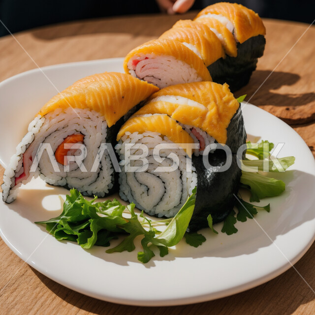 مطابخ متخصصة في الأطباق البحرية، طبق مليء بلفائف وقطع السوشي المزينة بالبقدونس، طرق متميزة لتقديم المأكولات اليابانية في المملكة العربية السعودية، وصفات ووجبات طعام صحية وأكلات شهية