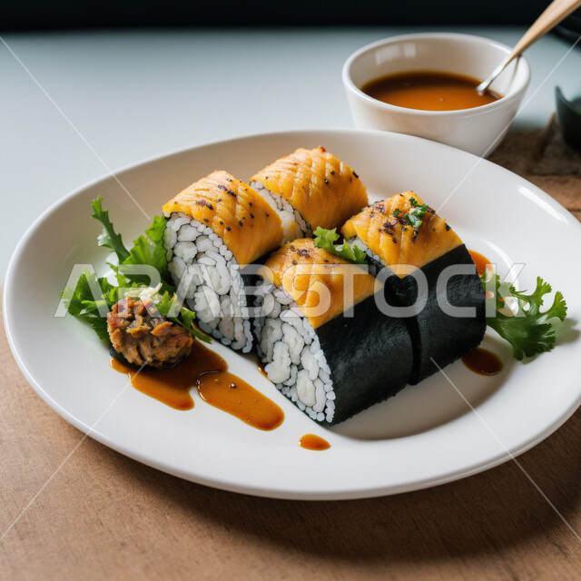 مطابخ متخصصة في الأطباق البحرية، طبق مليء بلفائف وقطع السوشي المزينة بالبقدونس، طرق متميزة لتقديم المأكولات اليابانية في المملكة العربية السعودية، وصفات ووجبات طعام صحية وأكلات شهية