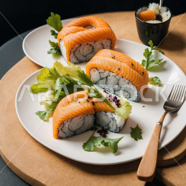 مطابخ متخصصة في الأطباق البحرية، طبق مليء بلفائف وقطع السوشي المزينة بالبقدونس، طرق متميزة لتقديم المأكولات اليابانية في المملكة العربية السعودية، وصفات ووجبات طعام صحية وأكلات شهية