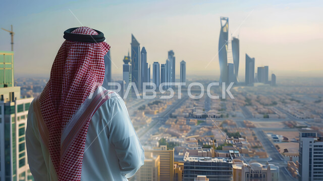الفنون و التصاميم الهندسية المعمارية الحديثة لناطحات السحاب في المملكة، النمو والتقدم العمراني للأبراج والمنشآت التجارية، صورة من الخلف لرجل عربي خليجي سعودي يرتدي الشماغ والثوب التقليدي يتأمل المشروع السعودي 2030، مفهوم تدقيق المشاريع والإشراف على العمل