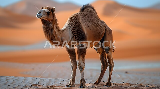  جمل عربي أصيل يسير وسط الصحراء في النهار، التلال و الكثبان الرملية، الرمال الذهبية الناعمة، الاهتمام ورعاية المواشي والثديات في الصحاري، تربية الجمال والابل في المحميات الطبيعية في المملكة العربية السعودية