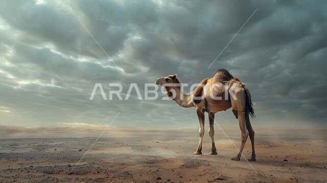  جمل عربي أصيل يسير وسط الصحراء في النهار، التلال و الكثبان الرملية، الرمال الذهبية الناعمة، الاهتمام ورعاية المواشي والثديات في الصحاري، تربية الجمال والابل في المحميات الطبيعية في المملكة العربية السعودية