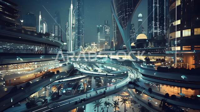 Illuminated towers, buildings and commercial facilities, urban progress and growth, arts and modern architectural designs for skyscrapers in the Kingdom, a Saudi future vision 2030, the concept of developing and improving infrastructure